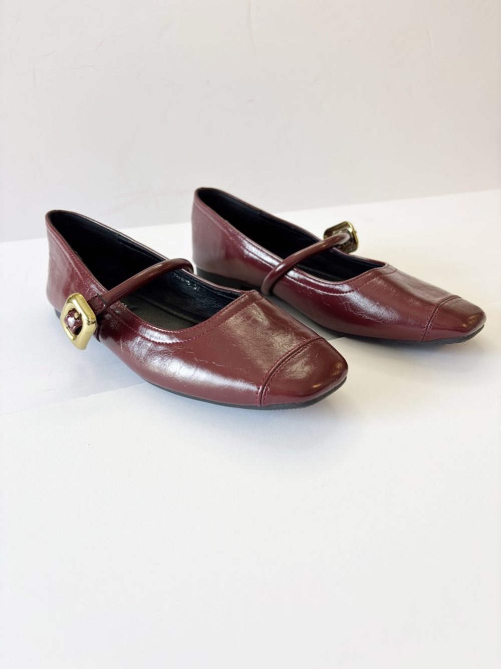 Chuhuan Mary Jane Flats Burgundy Square Toe Strap Buckle Size 37 - Picture 11 of 13